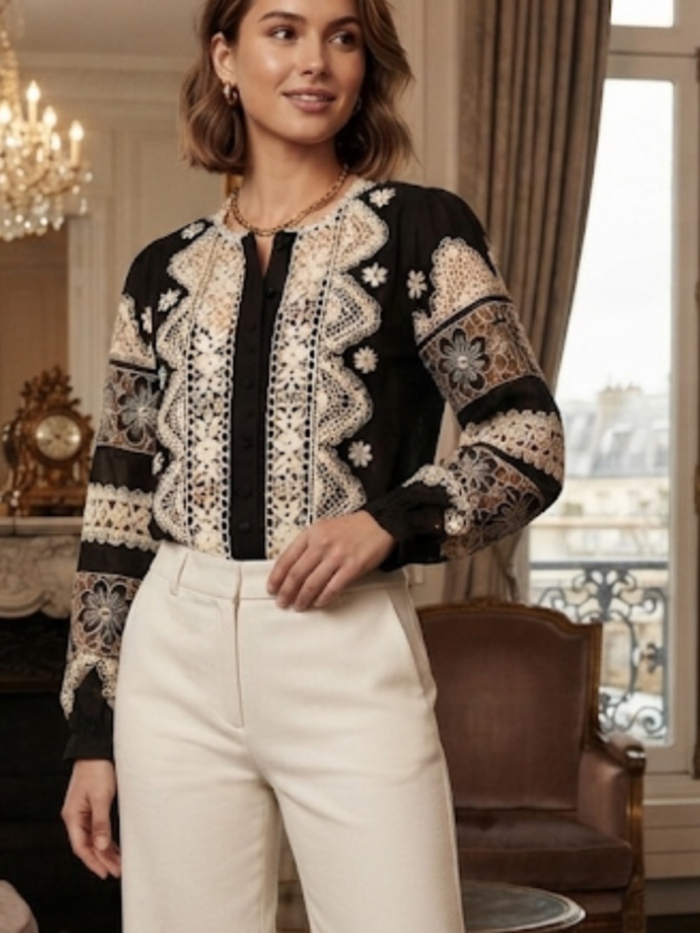 New Elegant Johnny Was Jade Black and Cream Blouse with Lace Detailing size L